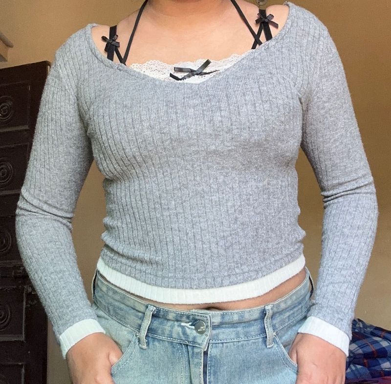 Lace Detail Ribbed Long Sleeve Top