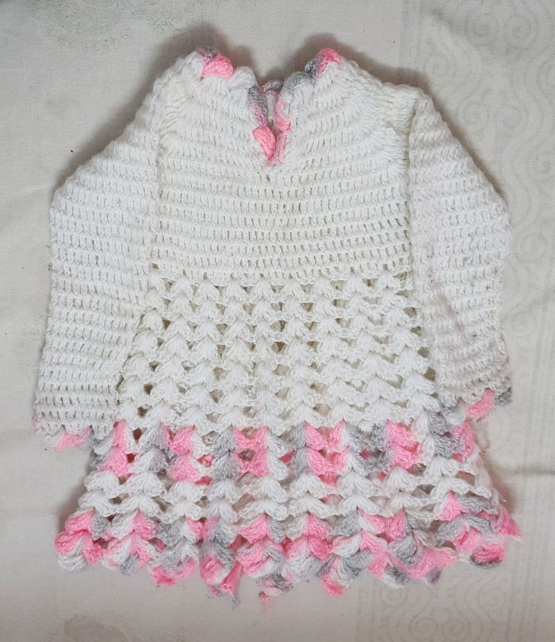 Cute Pink And White Woolen Handmade Frock