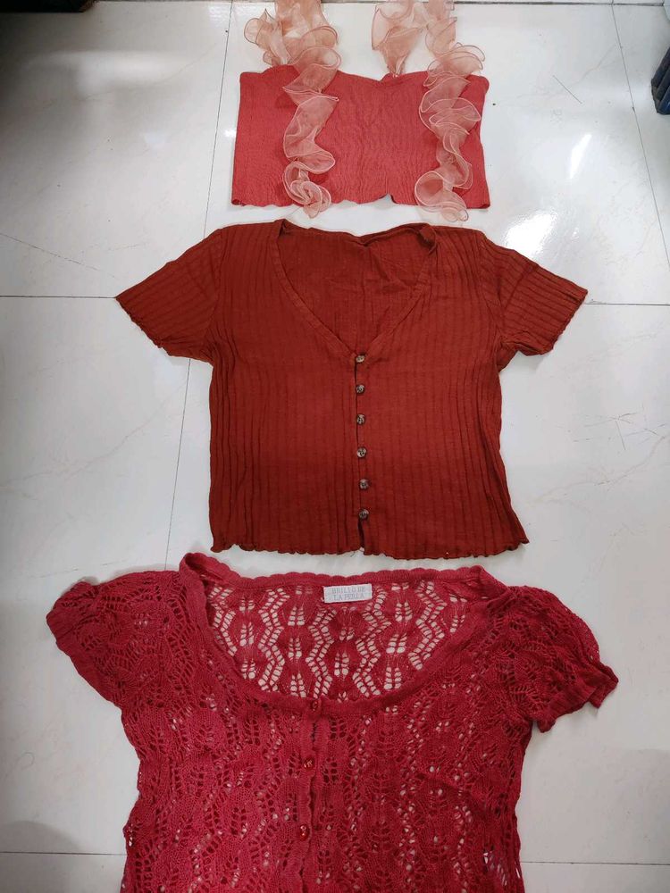 3 rust Ruffled Knit Top