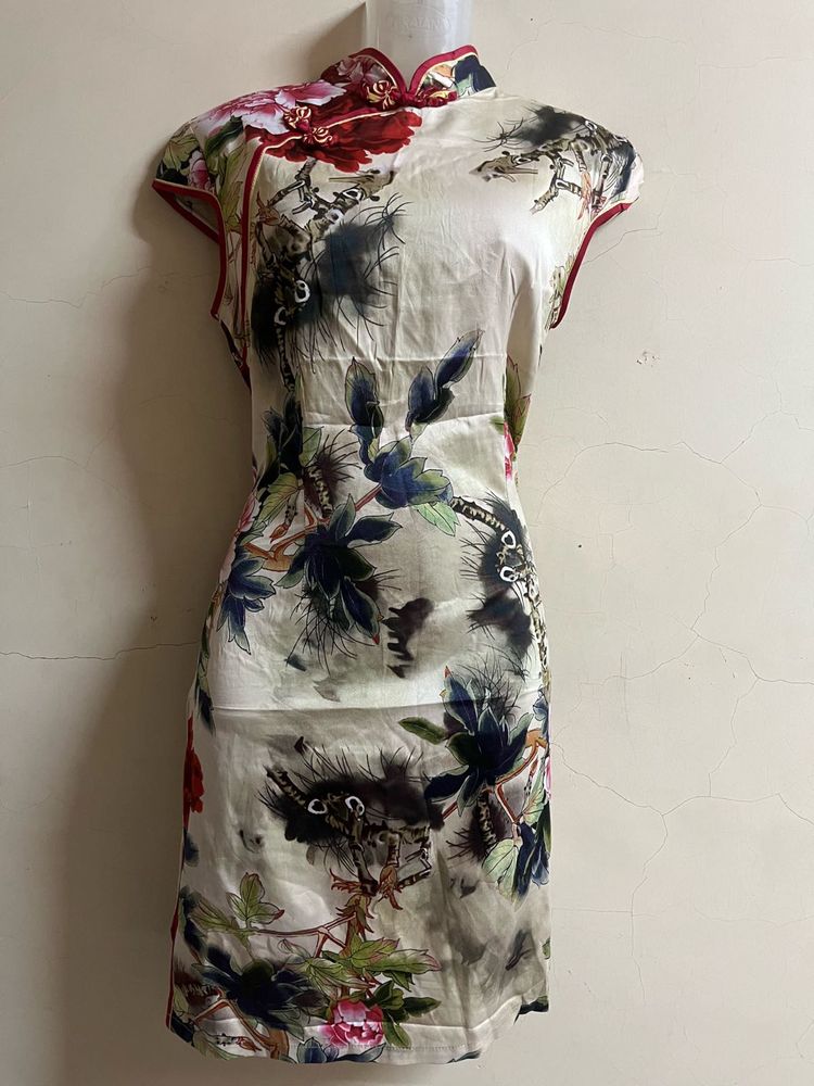 Korean Floral Print Cheongsam Dress