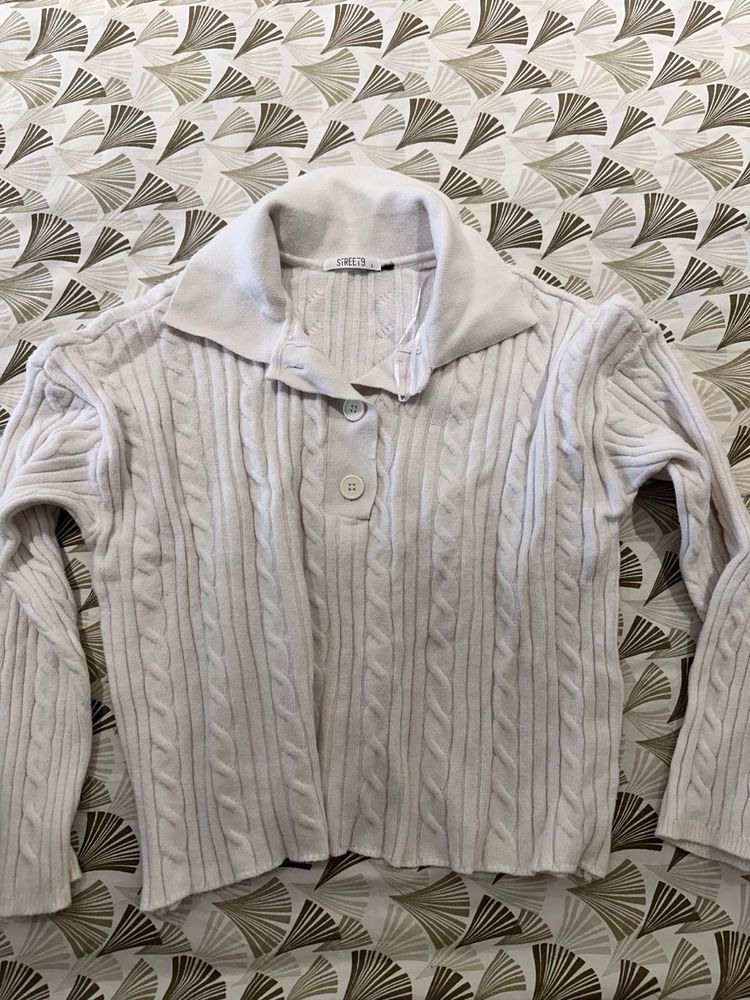 White Cable Knit Polo Sweater