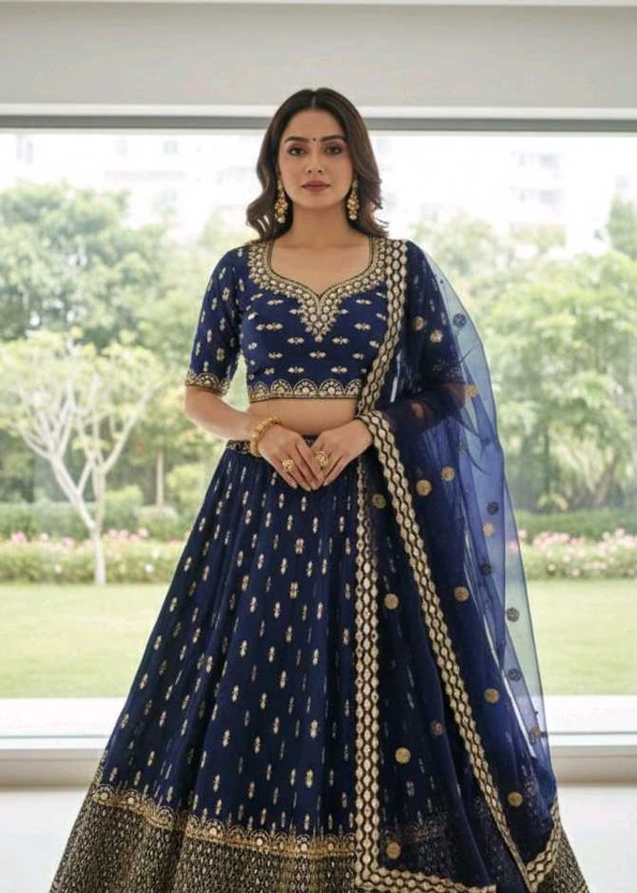 royal blue mirror work semi stitch bridal lengha