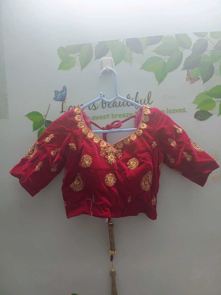 Dark Pink Embroidered Velvet Blouse