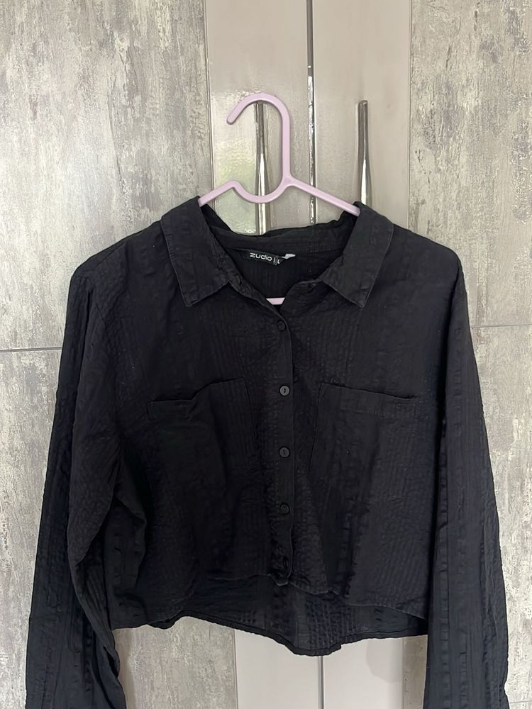 Black Cropped Button-Down Shirt