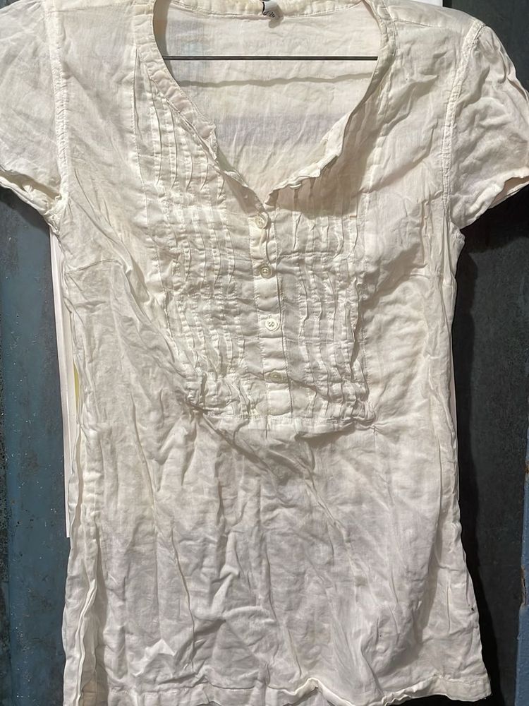 White Linen Blend Button-Up Top