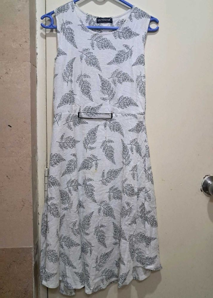 White Cotton Crepe Printed Dress