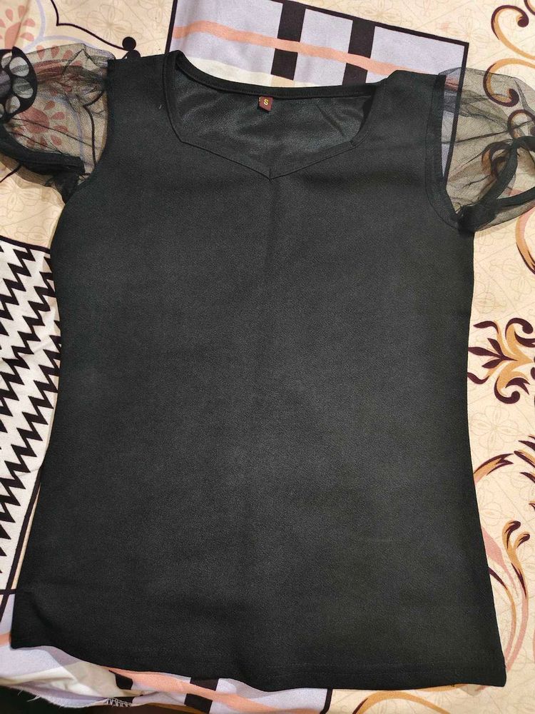 Black Puff Sheer Sleeves Top