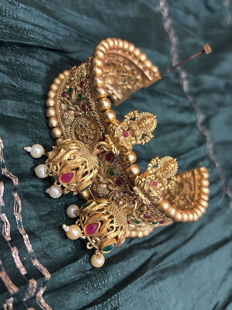 Antique Gold-Plated Hand Kada And Temple Earrings