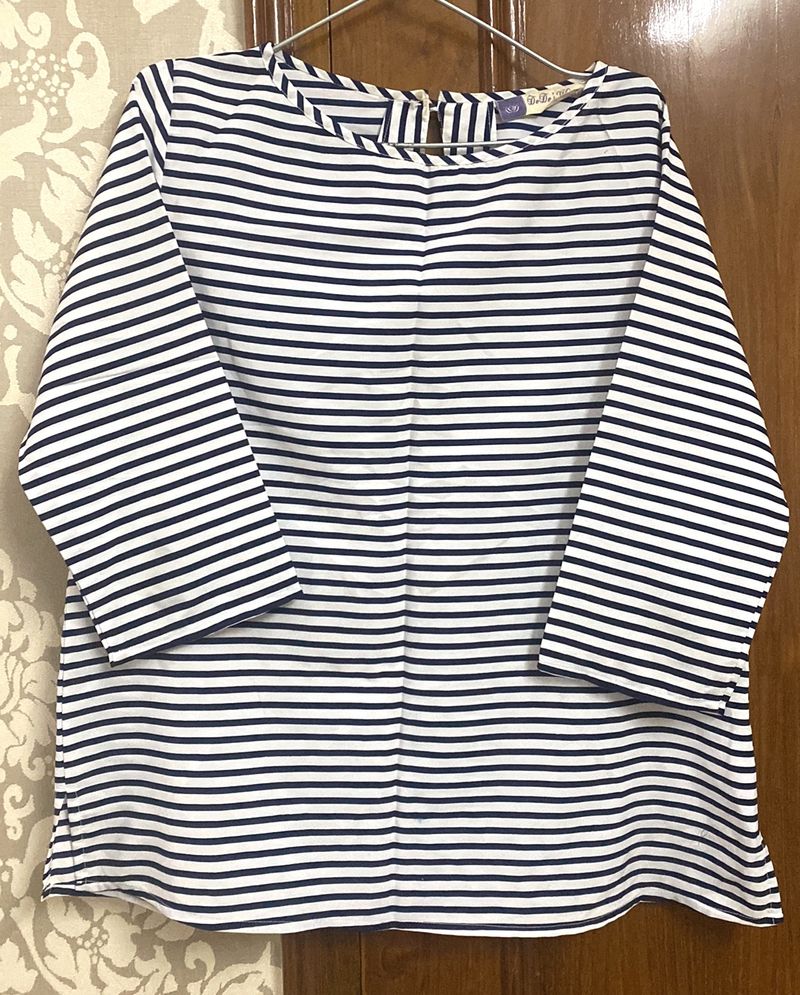 3/4th Sleeves White &amp; Blue Strip Top For Women