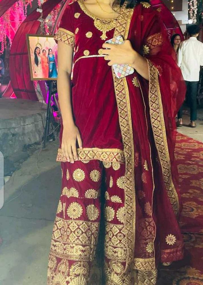 Maroon &amp; Gold Embroidered Salwar Kameez
