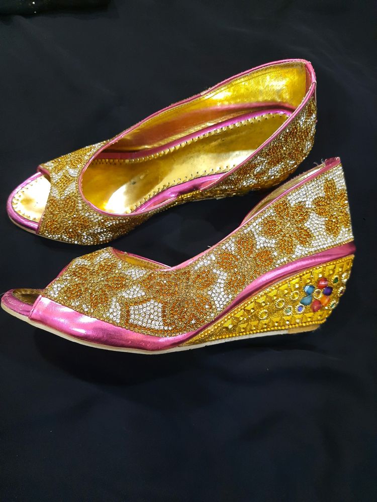 Embellished Peep-Toe Wedge Heels