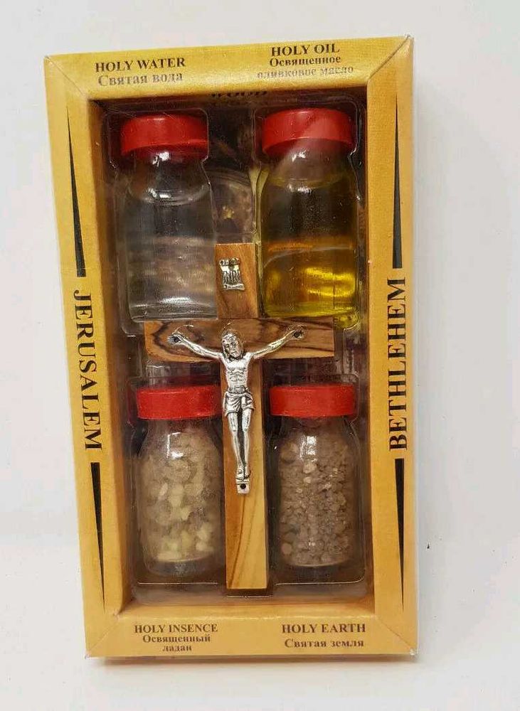Holy Olive oil, Soil, Jordan River Water, Incense.