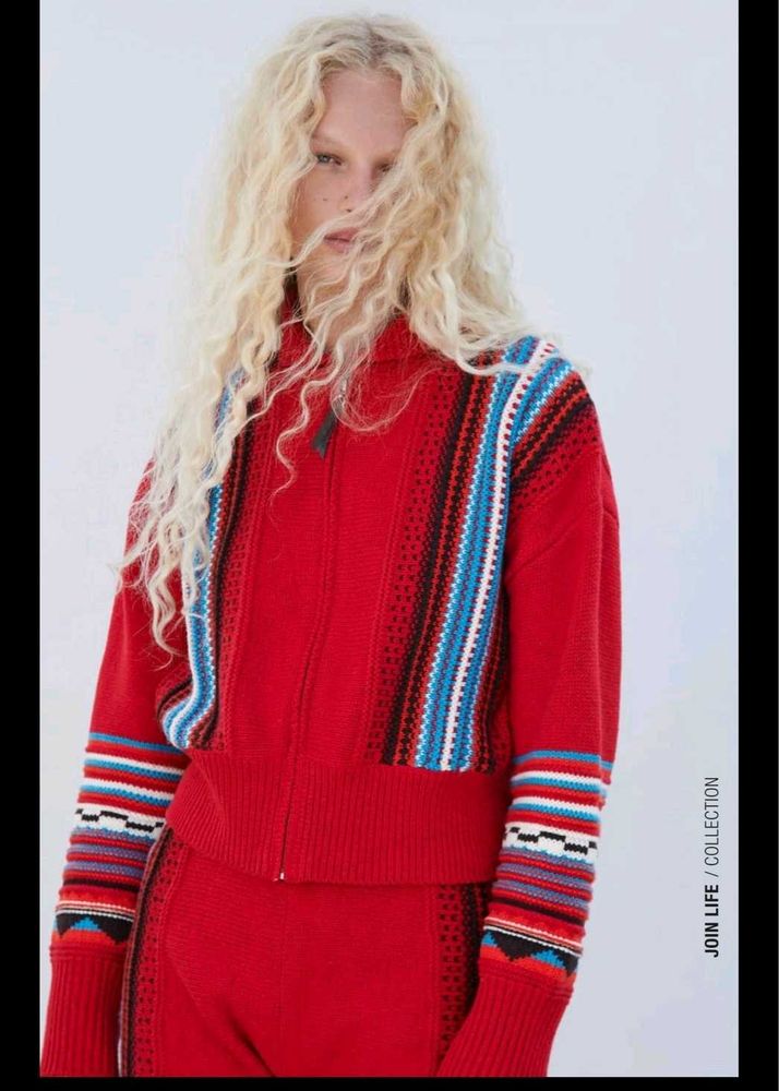 Zara Red Patterned Knit Jacket