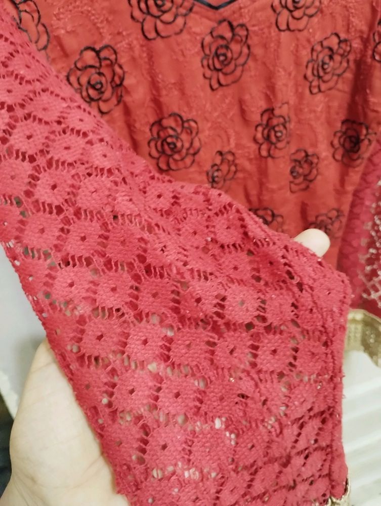 Pakistani Red Cotton Embroidered Kurta