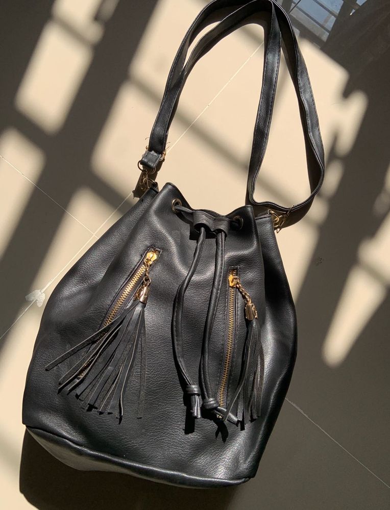 Imported black faux leather bucket bag