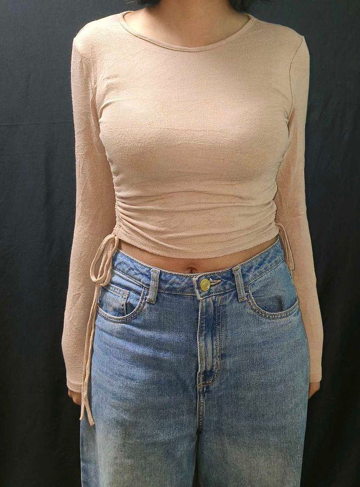 Beige Long Sleeve Crop Top