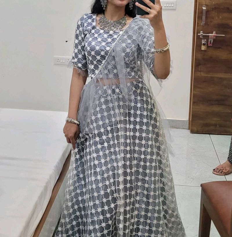 Elegant Grey &amp; White Lehenga Choli