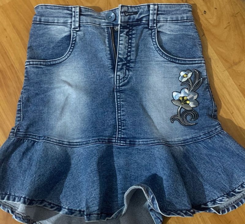 Denim Skirt with Floral Detail
