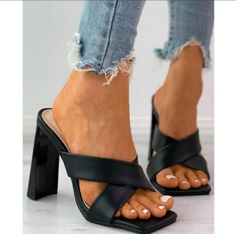 Chic Black Cross-Strap Block Heels