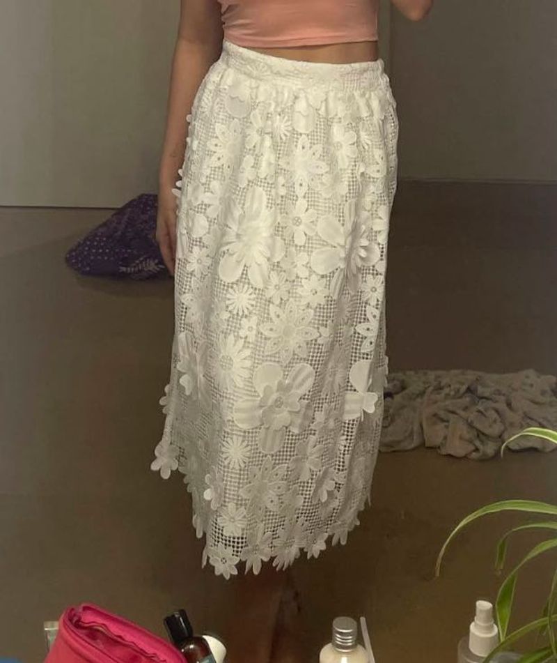 3D Flowers White Lace Skirt