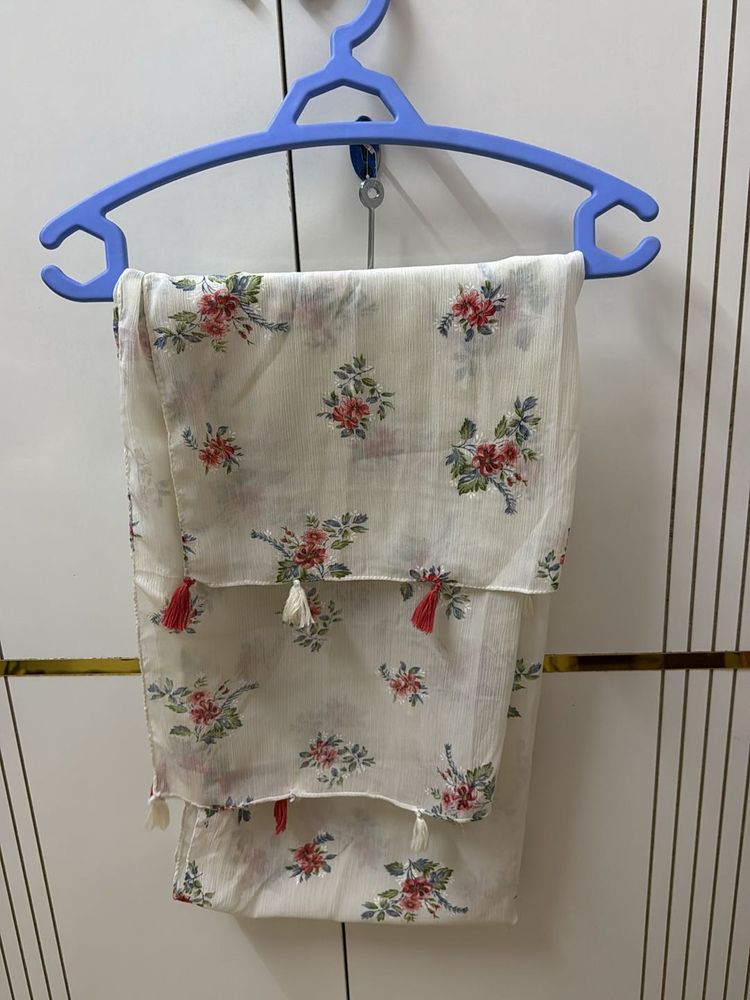 White Scarf Floral With Tassels