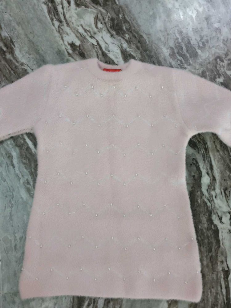 Pink Fuzzy Pearl Embellished Woolen Top