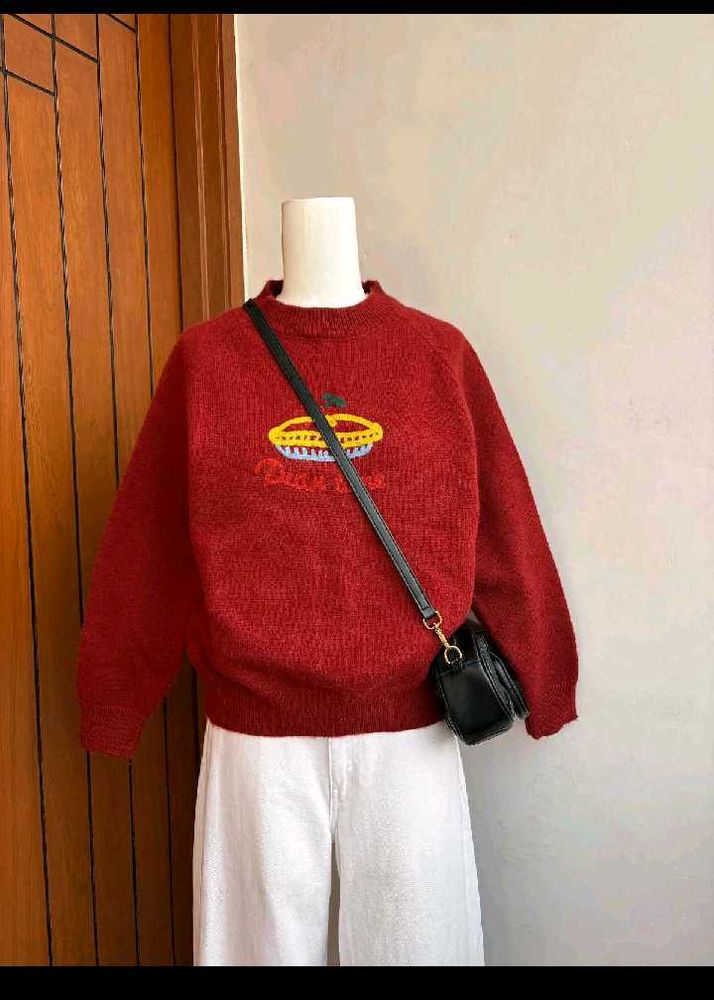 Red Embroidered Pullover Sweater