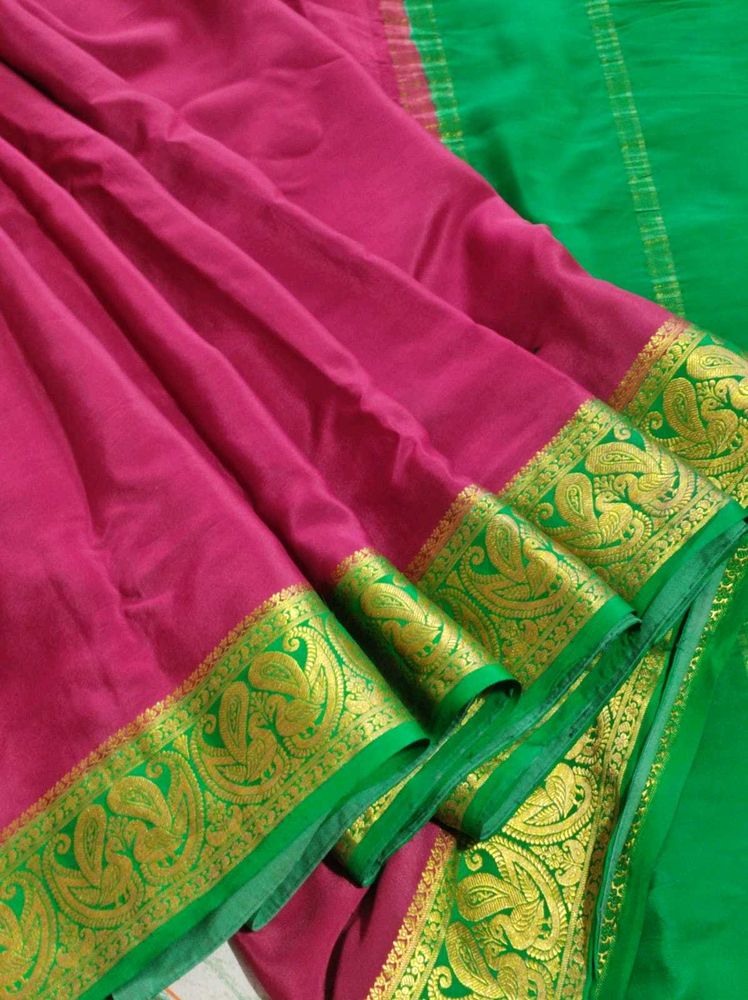 Maronish Red And Green Pure Crepe Silk Saree