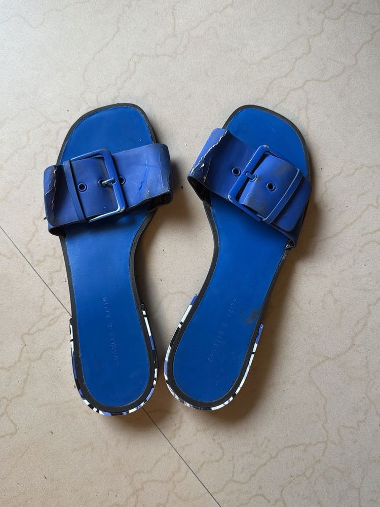 Charles &amp; Keith Blue Buckle Slides
