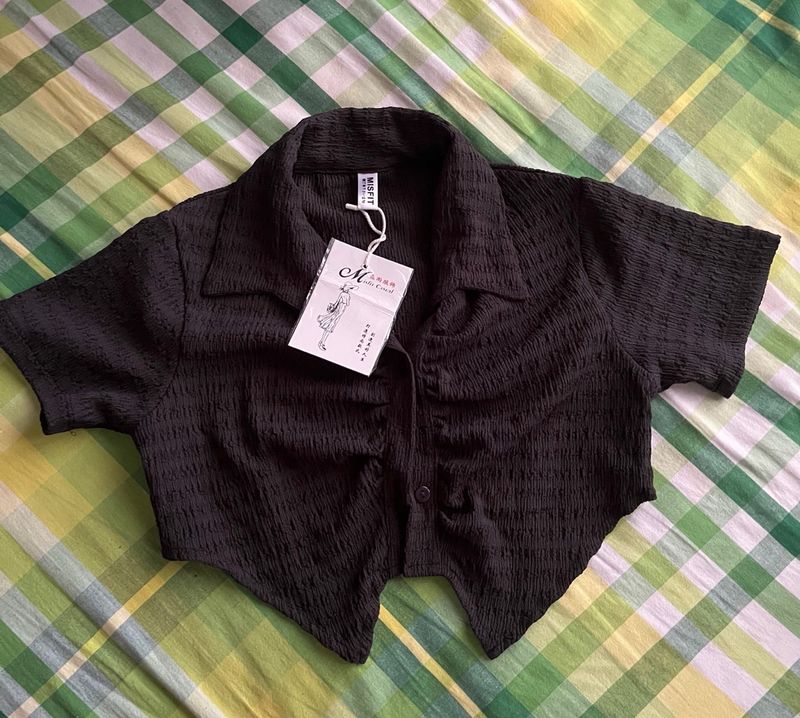 Grey Charcoal Cropped Button Up Shirt