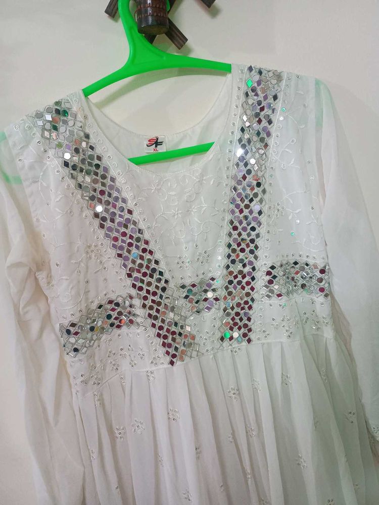White Mirror Work Kurta Set