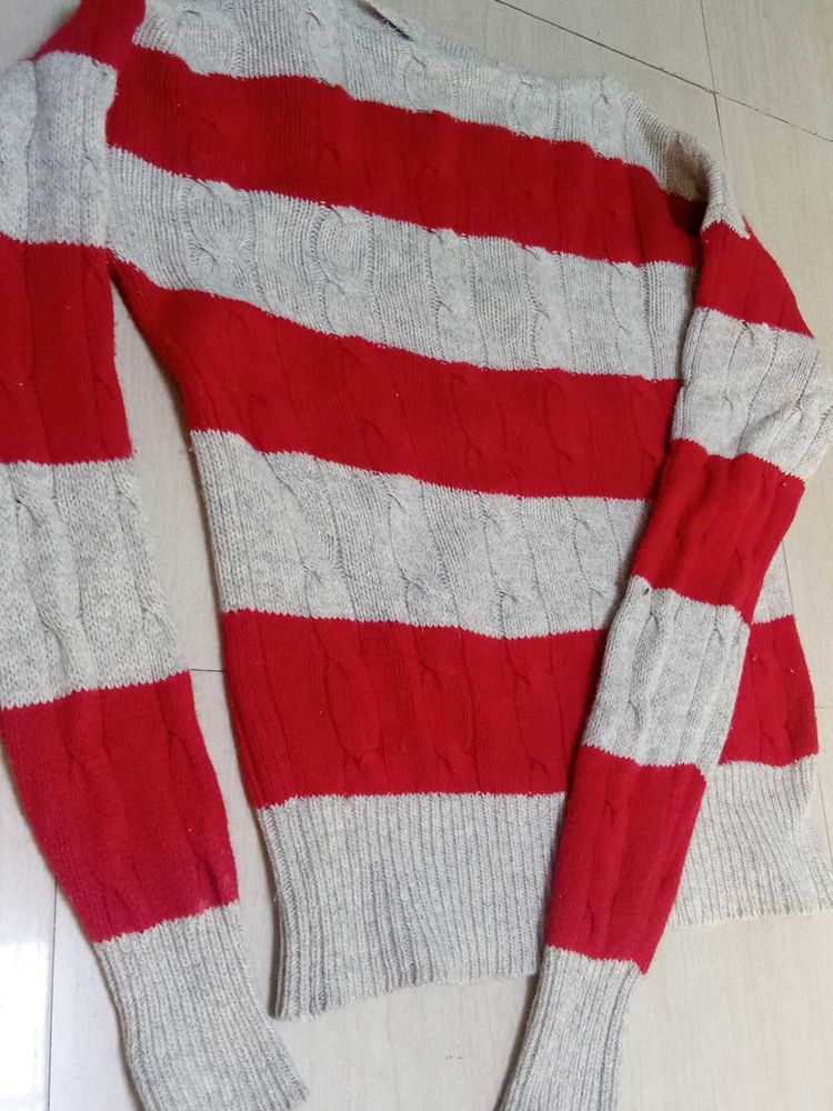 Comfortable Red &amp; Grey Pure Wool Sweater