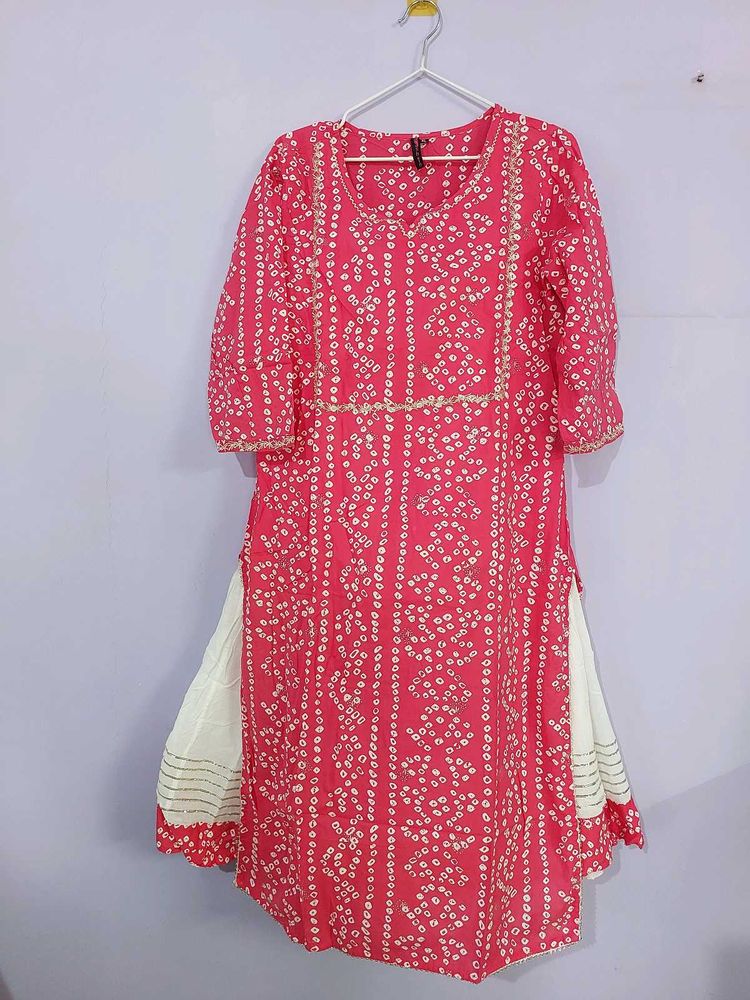 Pink Bandhani Kurta And Skirt Set