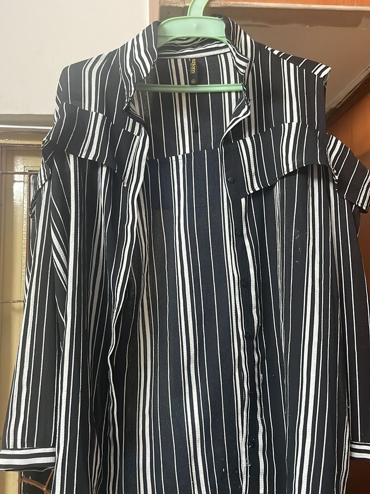 Black And White Striped Cold Shoulder Shirt