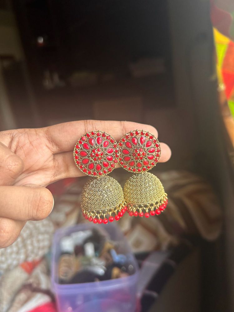 Red &amp; Gold Jhumka Earrings