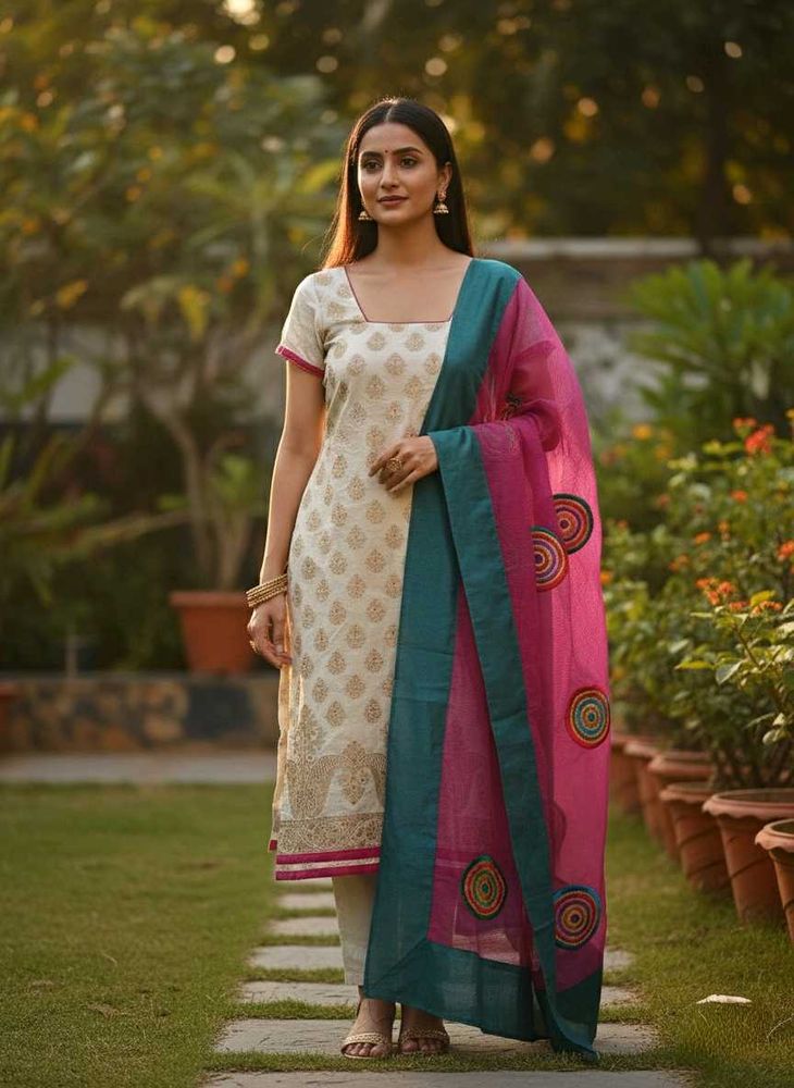 Ivory Silk Blend Kurta with Printed Dupatta