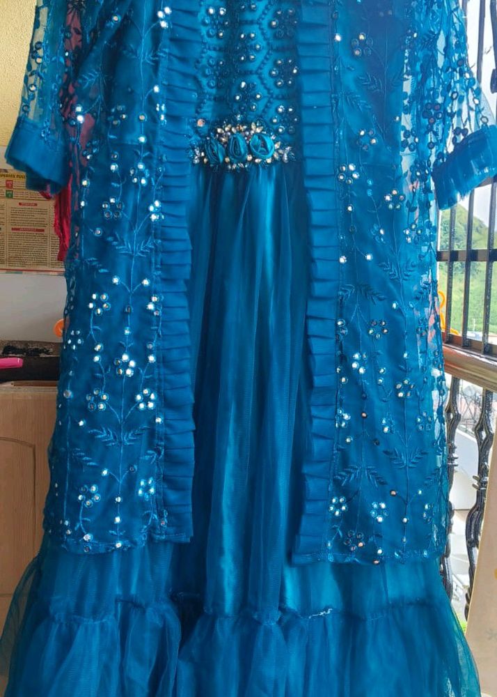 Royal Teal Elegance: Embroidered Layered Gown