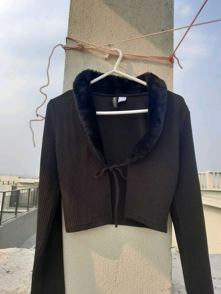 H&amp;M Ribbed Crop Tie Up Cardigan Black For Women