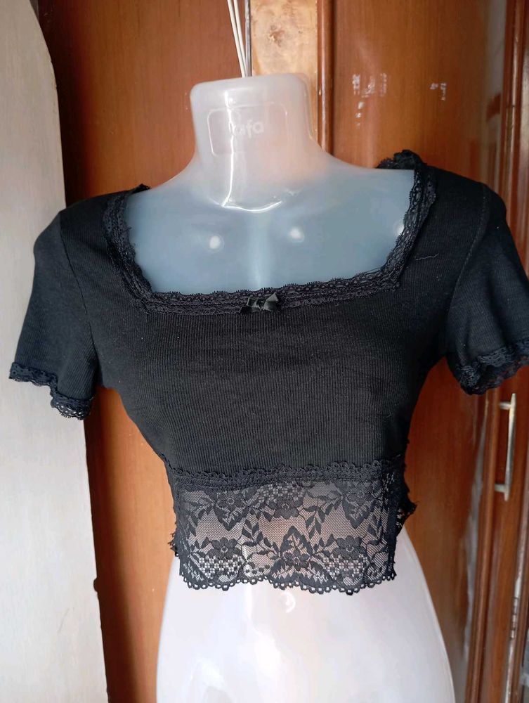 Black Lace Trim Crop Top