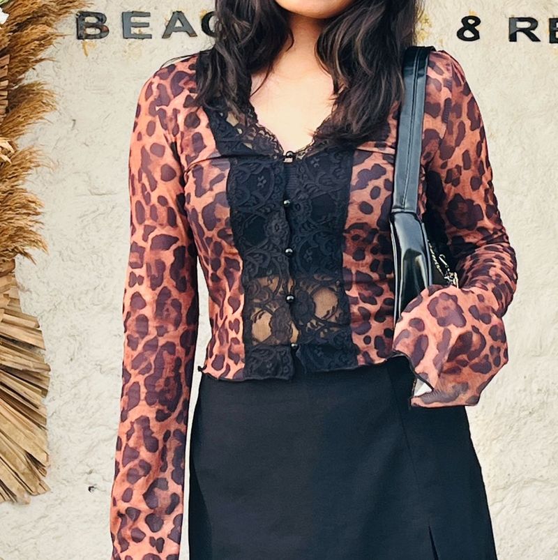 Leopard Print Lace Trim Top