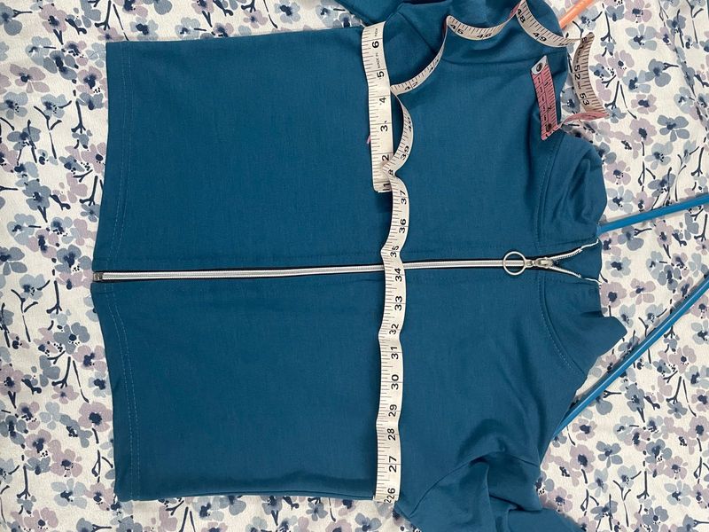 Teal Zip-Up Ribbed Long Sleeve Top And Trouser
