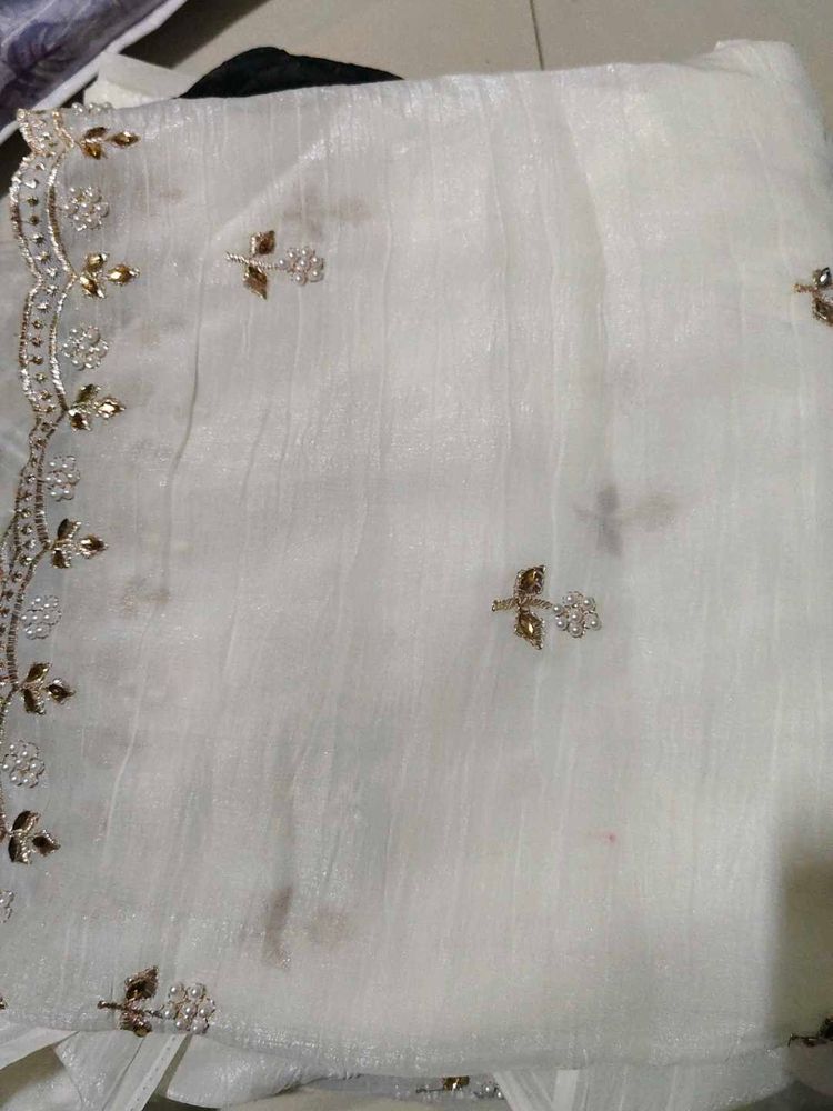 Embroidered White Saree