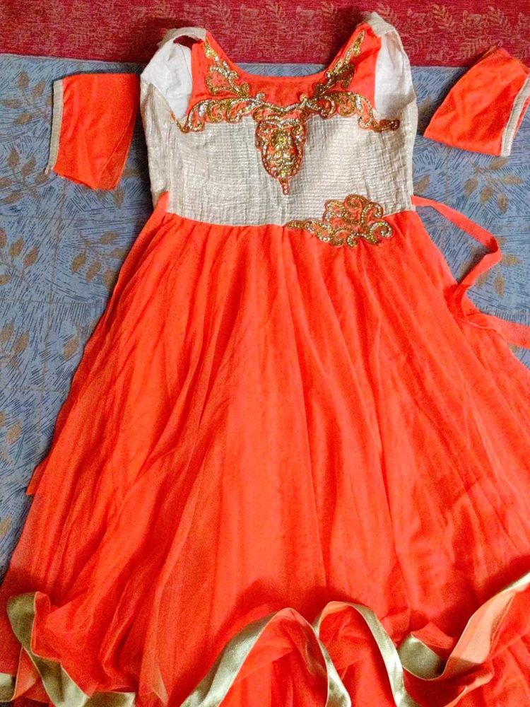 fluorescent  peach Embroidered party gown