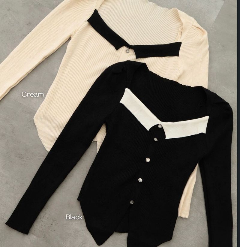 French-Inspired Chic Contrast Collar Knit Top