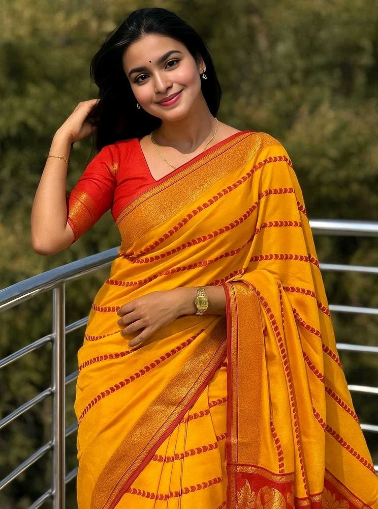New Yellow Banarasi Saree with Red Border💫