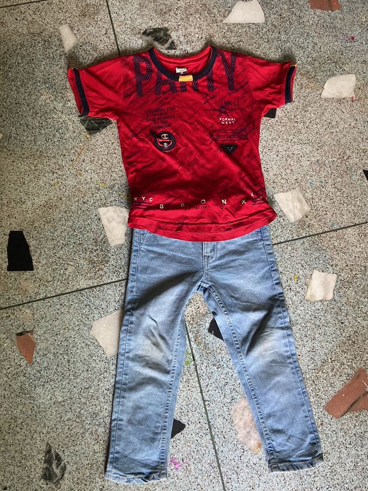 Great Quality Denim Set Paired With Red Tee