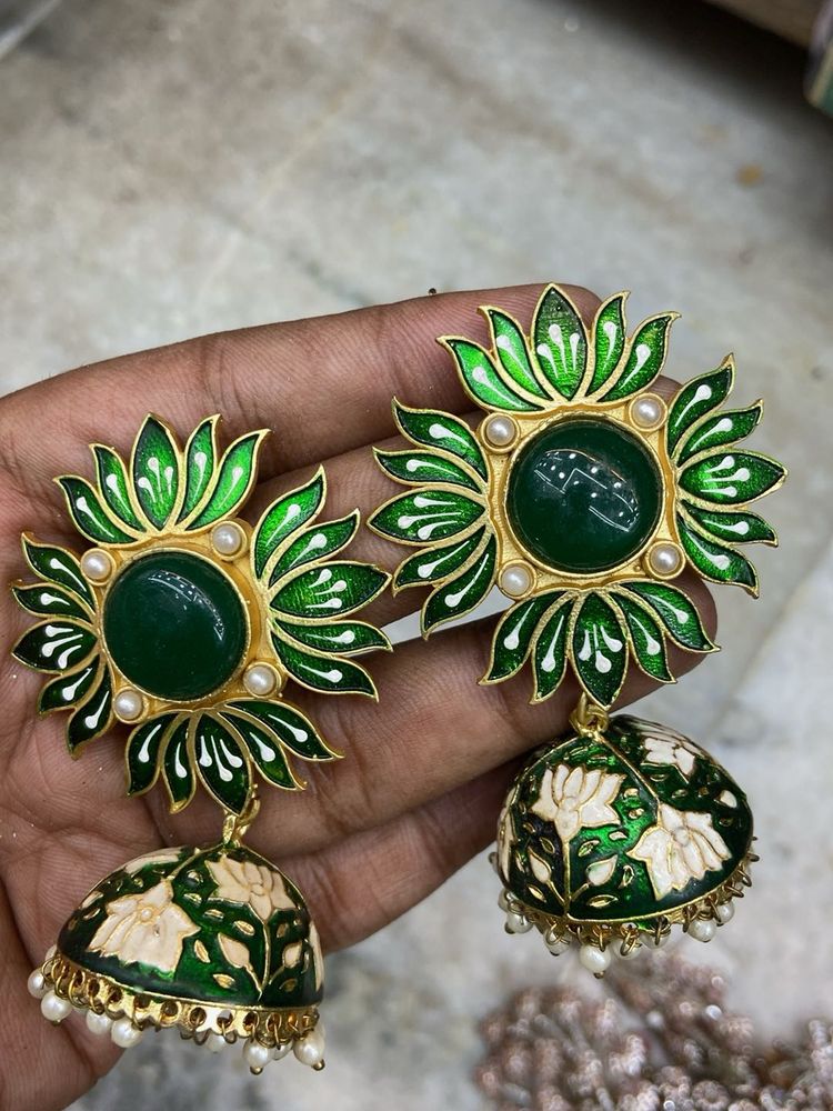 Green Floral Jhumka Earrings
