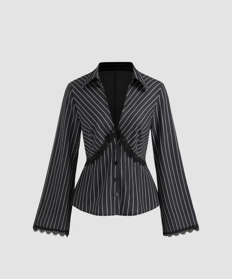 Collar Striped Lace Trim Button Long Sleeve Shirt