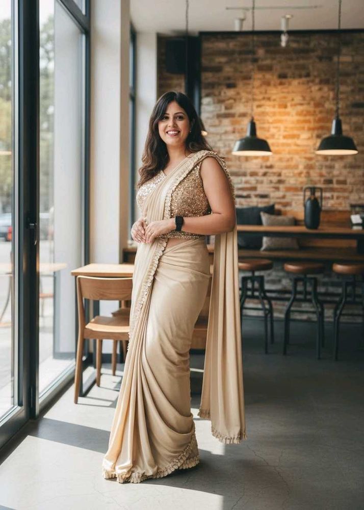 Elegant Beige Sequin ready to wear saree with stic