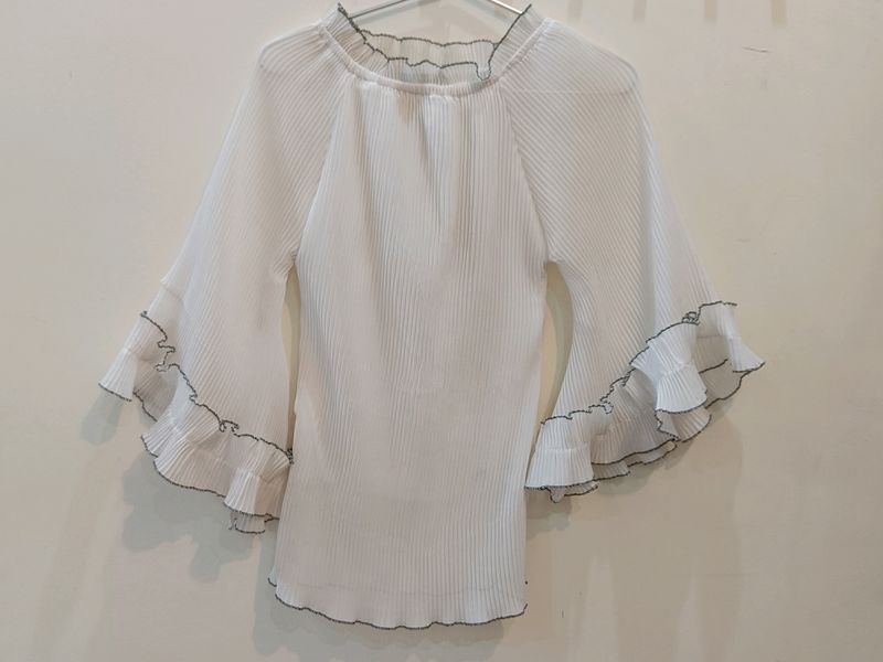 White Crinkle Ruffle Sleeves Top
